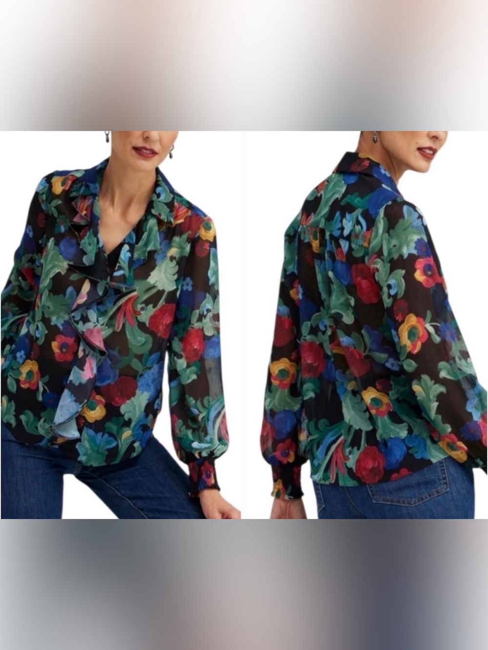 Chico's Black Floral Ruffled Button Blouse